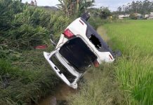 Motorista fica ferida após carro colidir em veículo e capotar na BR-470, em Gaspar