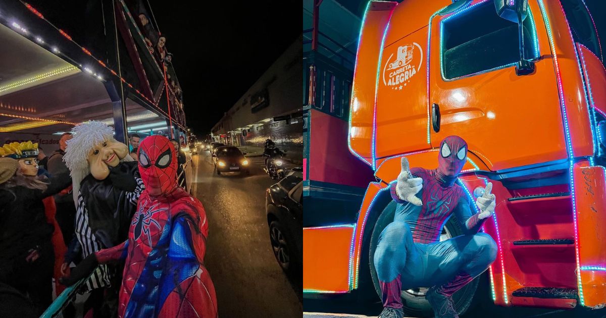 Carreta da alegria, com personagens como fofão, chaves e homem-aranha, chega a blumenau