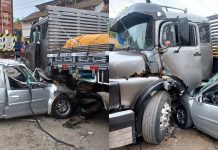 Colisão entre carro e dois caminhões deixa dois feridos na BR-470, em Rodeio