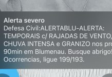 Defesa Civil emite alerta severo para risco de rajadas de ventos, chuva intensa e granizo em Blumenau